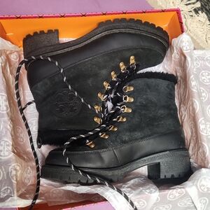Tory Burch Black Lace Up Shearling Boots with Gold Accents